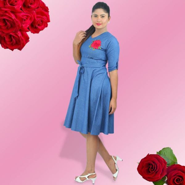 Picture of Cute short denim frock with emboss rose