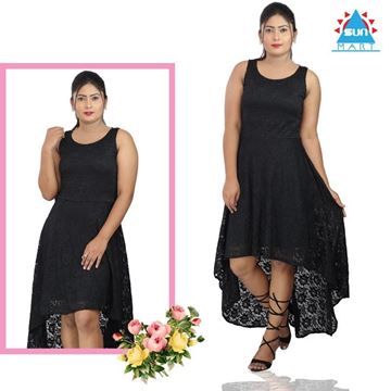 Picture of Sleeveless Round Neck Royal Blue High Low Lace Dress