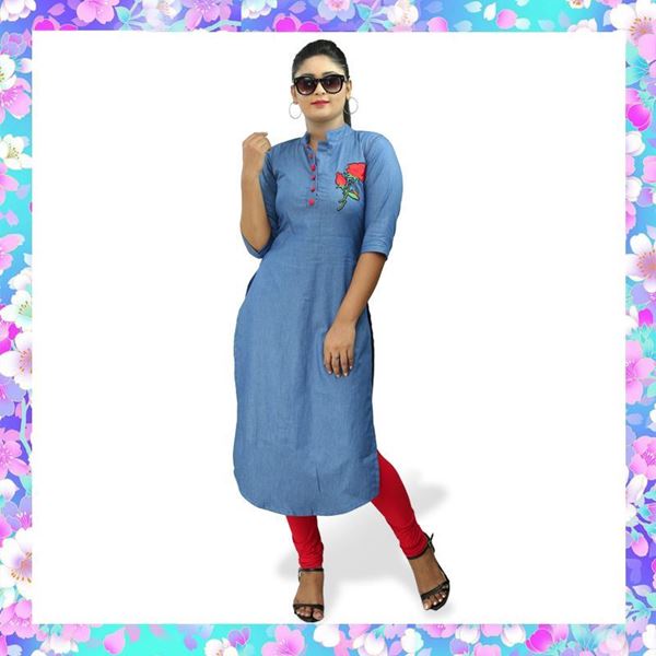 Picture of Chambray Long Top with Embroidery Rose Flower