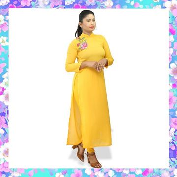 Yellow color georgette long top with embroidery rose flower