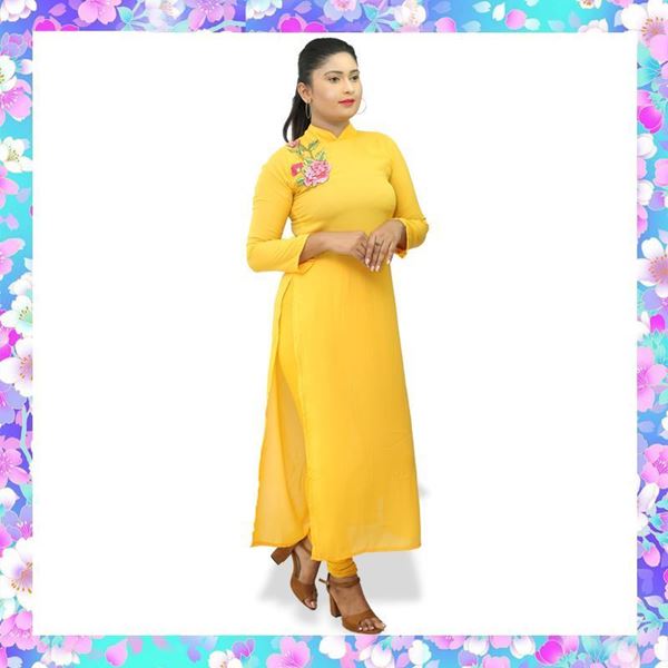 Yellow color georgette long top with embroidery rose flower