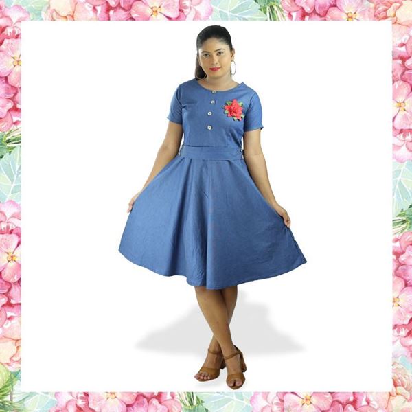 Picture of Chambray Short Frock with Embroidery Rose Flower