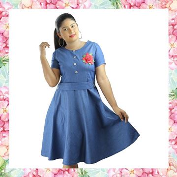 Picture of Chambray Short Frock with Embroidery Rose Flower