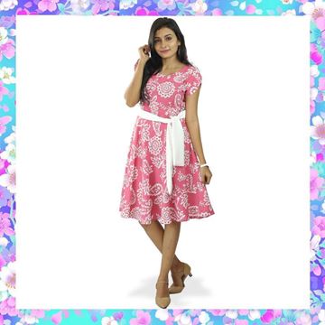 Picture of Printed Linen Short Sleeves Short Frock with Belt