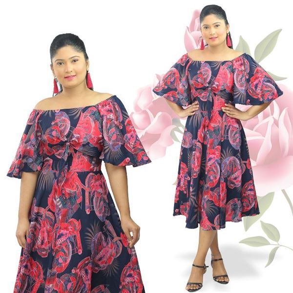 Picture of Off Shoulder Front Knotted Bell Sleeve Short Frock