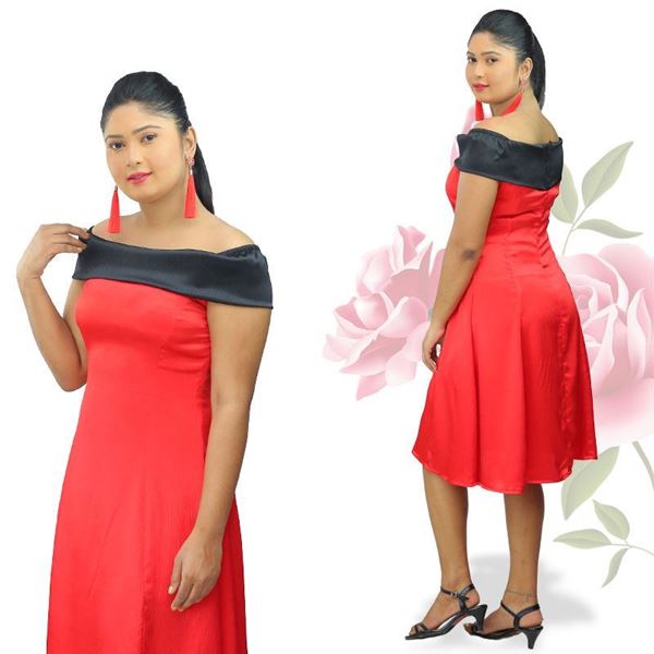 Picture of Crepe silk  off shoulder short dress with frill