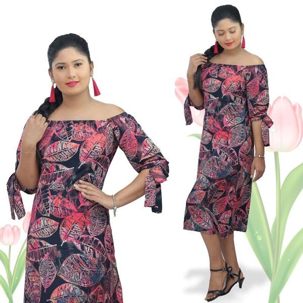 Picture of Leave Designed Off shoulder Short Frock with Beautiful Bow Sleeves Design