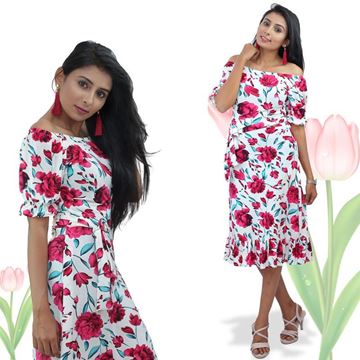 Picture of Off shoulder puff sleeve short frock with frill hem skirt