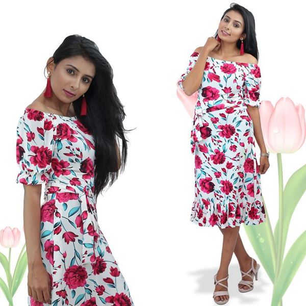 Picture of Off shoulder puff sleeve short frock with frill hem skirt