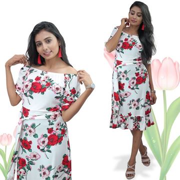 Picture of Off shoulder puff sleeve short frock with frill hem skirt