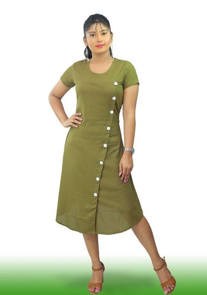 Picture of Button Embellished A-Line Short Dress with Round Neck