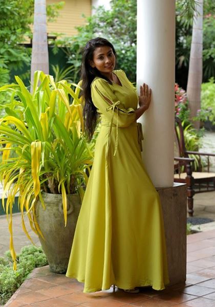 Picture of Sleeve Designed Flared Maxi Frock with Belt