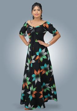 Picture of Floral Designed Front Knotted Flared Maxi Dress with Puff Sleeves