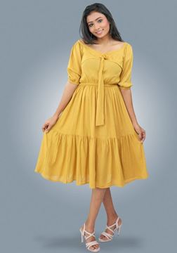 Picture of Off Shoulder Gathered Waist Puff Sleeves Short Frock