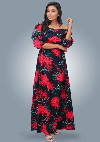 Picture of Off Shoulder Frilled Puff Sleeves  Maxi Frock with Gathered Waist