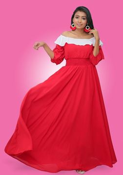 Picture of Off Shoulder Frilled Georgette Maxi Dress with Gathered Waist