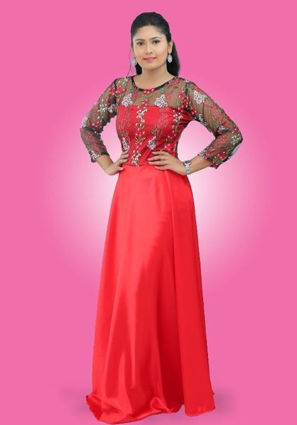 Picture of Long Sleeves Round Necked Flared Maxi Party Dress with Embroidery Flowers