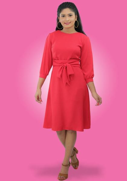 Picture of Round Necked Long Puff Sleeves Short Frock with Bow