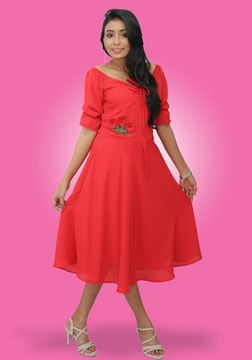 Picture of Front Knotted Flared Short Party Dress with Puff Sleeves