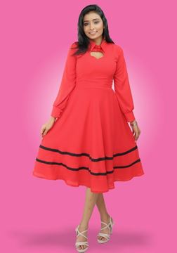 Picture of Long Puff Sleeves Heart Neck Designed Collared Short Dress