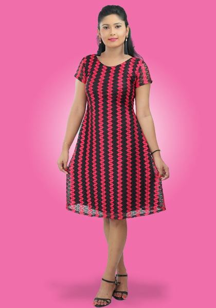 Picture of Black & Red Mixed Short Sleeves Short Dress with Round Neck