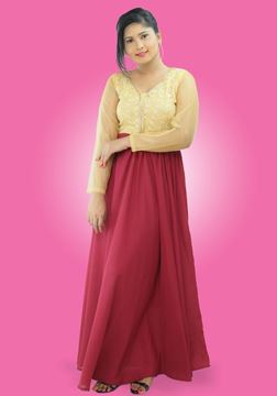 Picture of Gold Lace Mixed Long  Sleeves Maxi Party Frock