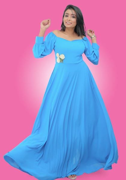 Picture of Off Shoulder Long Puff Sleeves Flared Maxi Party Dress with Small Flowers
