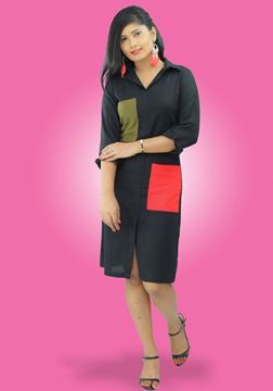 Picture of Collared Linen Short Dress with Pockets