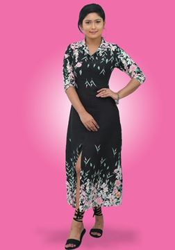 Picture of Collared Long Sleeves A-line Maxi Dress with Printed Border