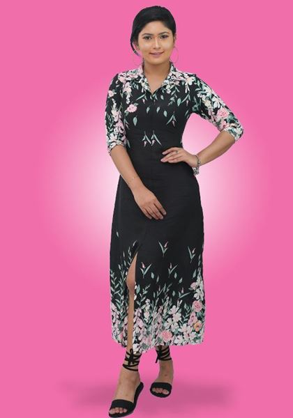 Picture of Collared Long Sleeves A-line Maxi Dress with Printed Border