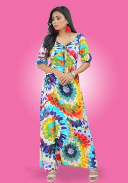 Picture of Printed Designed Front Knotted Flared Maxi Dress with Puff Sleeves