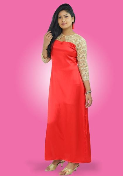 Picture of Gold Lace Mixed Maxi Party Dress with Side Open