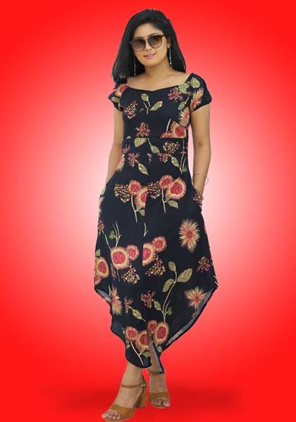 Picture of Off shoulder Long frock with Asymmetrical Hem