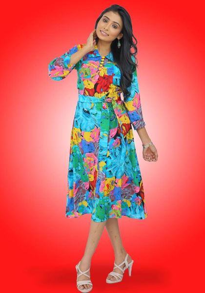 Picture of Collared Three Quarter Sleeves Short Dress with Buttons