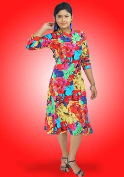 Picture of Collared Three Quarter Sleeves Short Dress with Buttons