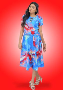 Picture of Neck Designed Round Necked Short Puff Sleeves Short Dress