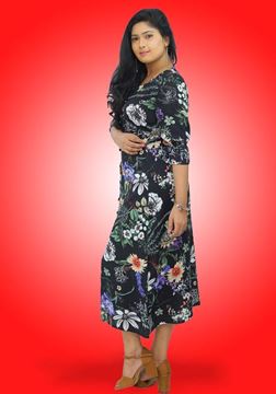 Picture of Round Necked Printed Flower Designed Three Quarter Frock with Puff Sleeves