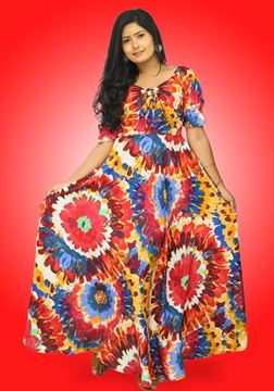 Picture of Printed Designed Front Knotted Full Flared Maxi Dress with Puff Sleeves