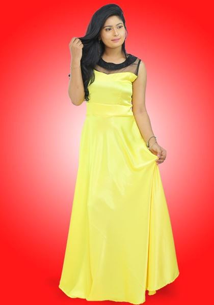 Picture of Black Net Mixed Crepe Silk Sleeveless Maxi Party Dress