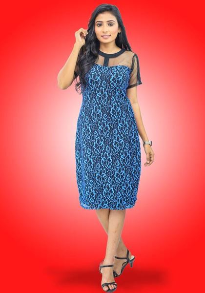 Picture of Black Mixed Net & Floral Lace Midi Party Dress with Short Sleeves