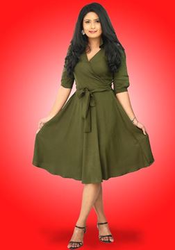 Picture of Twill Cross  Over Plain Color Short Dress with Collar