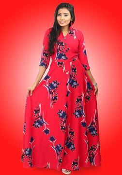 Picture of V-necked Three Quarter Sleeves Floral Maxi Dress  with Chinese Collar