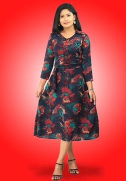 Picture of V-necked Printed Designed Three Quarter Frock with Collar
