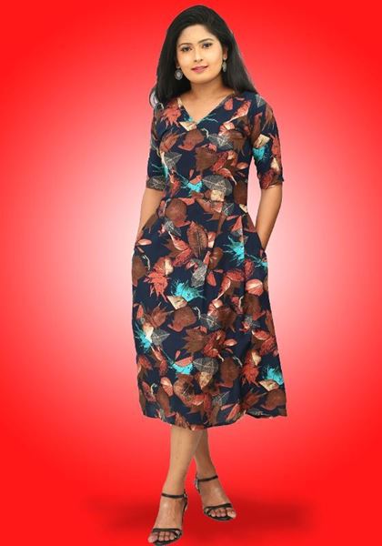 Picture of Printed Designed V-necked Three Quarter Dress