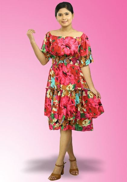 Picture of Off Shoulder Printed Designed Double Frilled Hem Short Dress