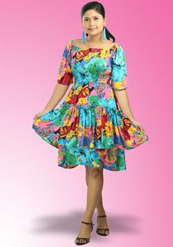 Picture of Off Shoulder Printed Designed Double Frilled Hem Short Dress