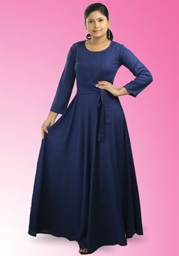 Picture of Round Necked Long Sleeves Flared Maxi Dress with Belt