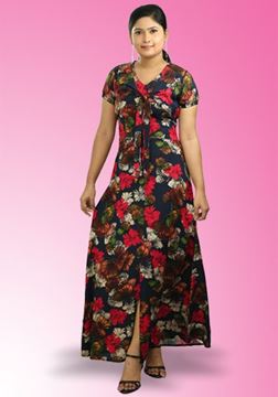 Picture of V-necked Short Sleeves Front Knotted Printed Designed Maxi Dress