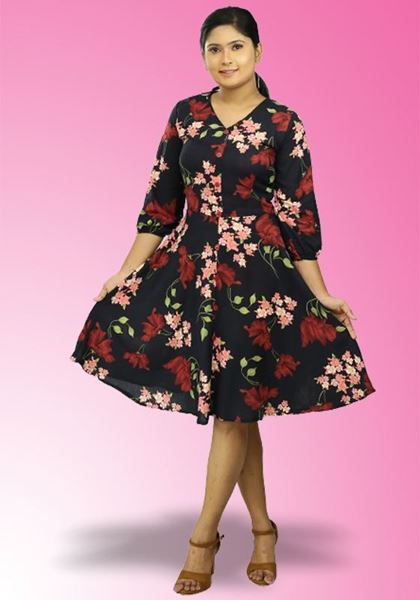 Picture of V-necked Floral Designed Three-quarter Sleeves Flared Short Dress