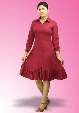 Picture of Collared Hem Frilled Long Sleeves Short Dress